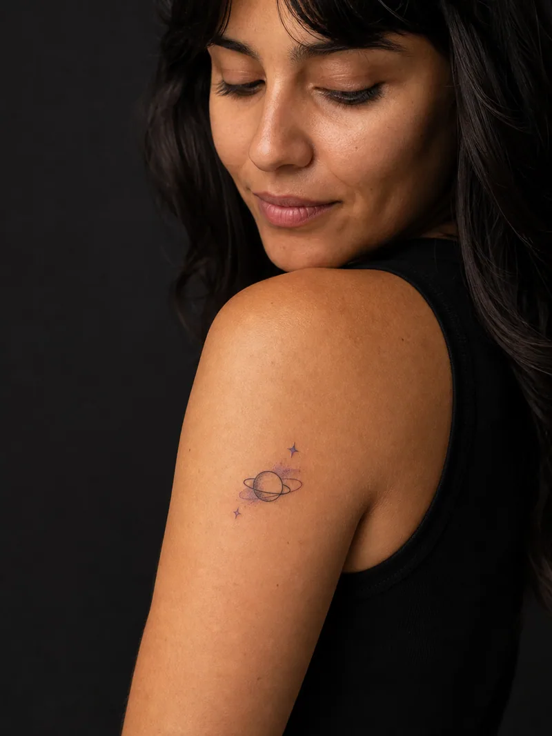 Tiny Saturn tattoo - small ringed planet with one orbit line and two stars
