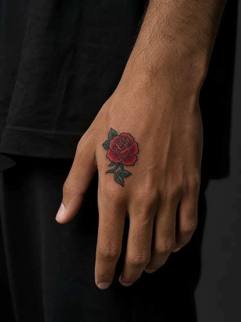 Small rose hand tattoo - compact red rose with classic leaves and a clean bold outline