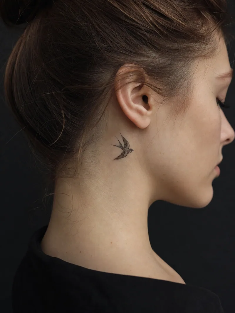 Tiny swallow tattoo - small flying swallow tucked behind the ear