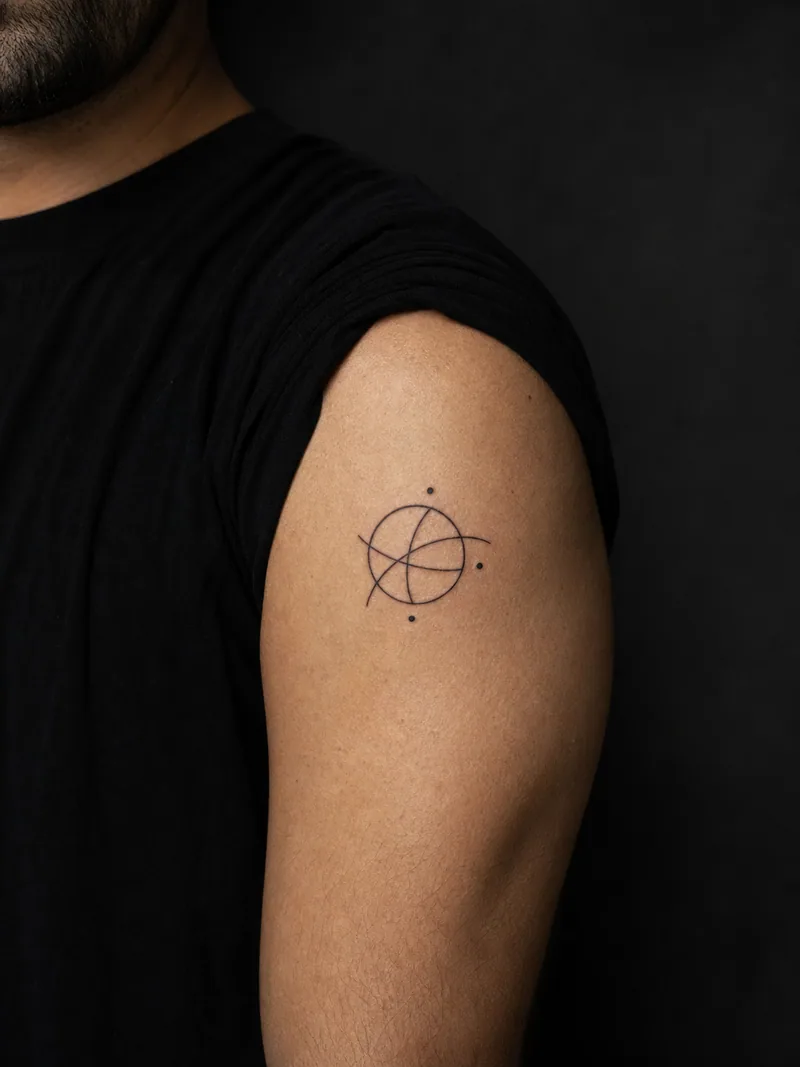 Small abstract tattoo - balanced circle crossed by two arcs and three small dots
