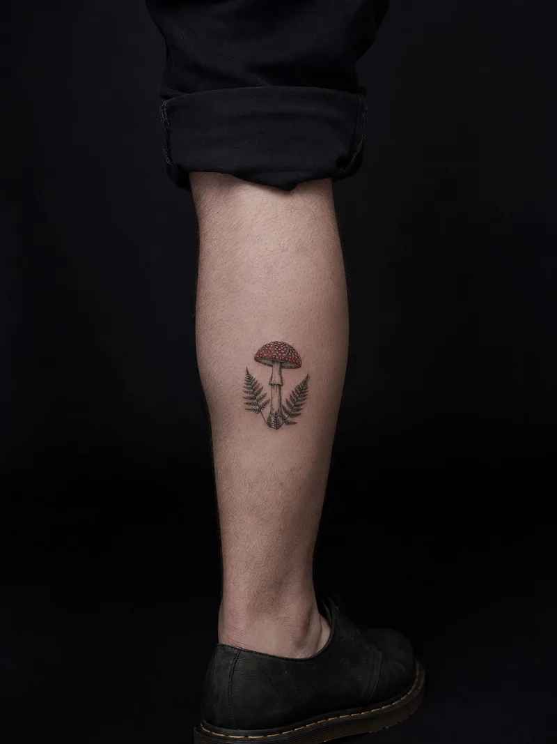 Small mushroom tattoo - red-capped mushroom framed by two tiny fern leaves