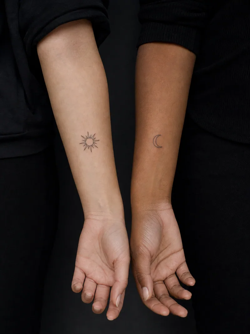 Matching small tattoos - complementary simple sun and crescent moon tattoos