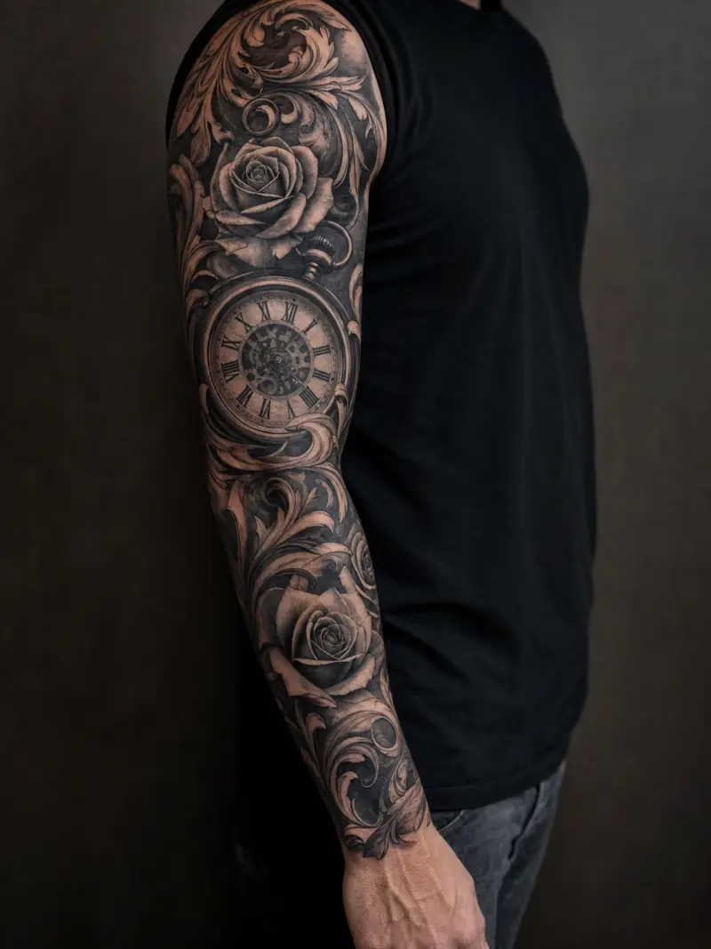 Full sleeve tattoo with clock and roses