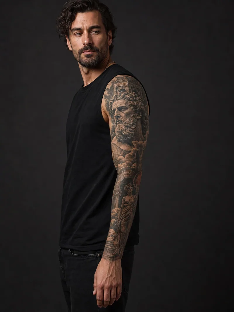 Mythology sleeve tattoo - Classical faces and architecture form a continuous sculptural sleeve.