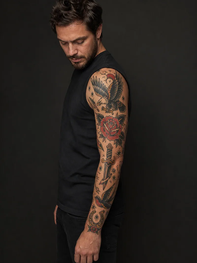 Traditional patchwork sleeve - Spaced eagle, rose, dagger and swallow motifs leave visible skin between pieces.