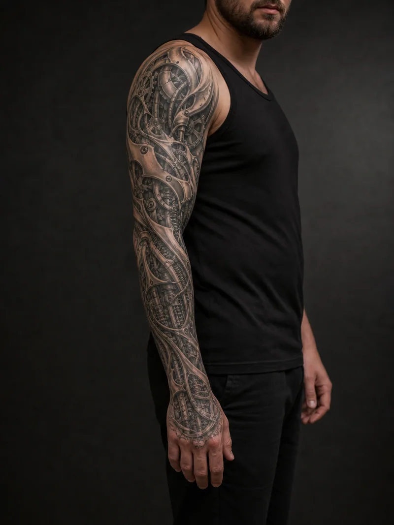 Biomechanical sleeve tattoo - Mechanical structures follow muscles and joints for an integrated arm design.