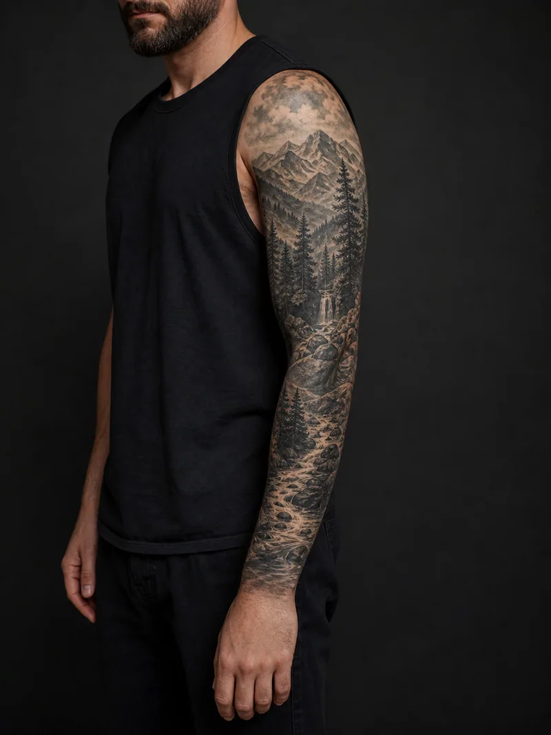 Forest landscape sleeve tattoo - Mountains, pines and a river descend through atmospheric layers.