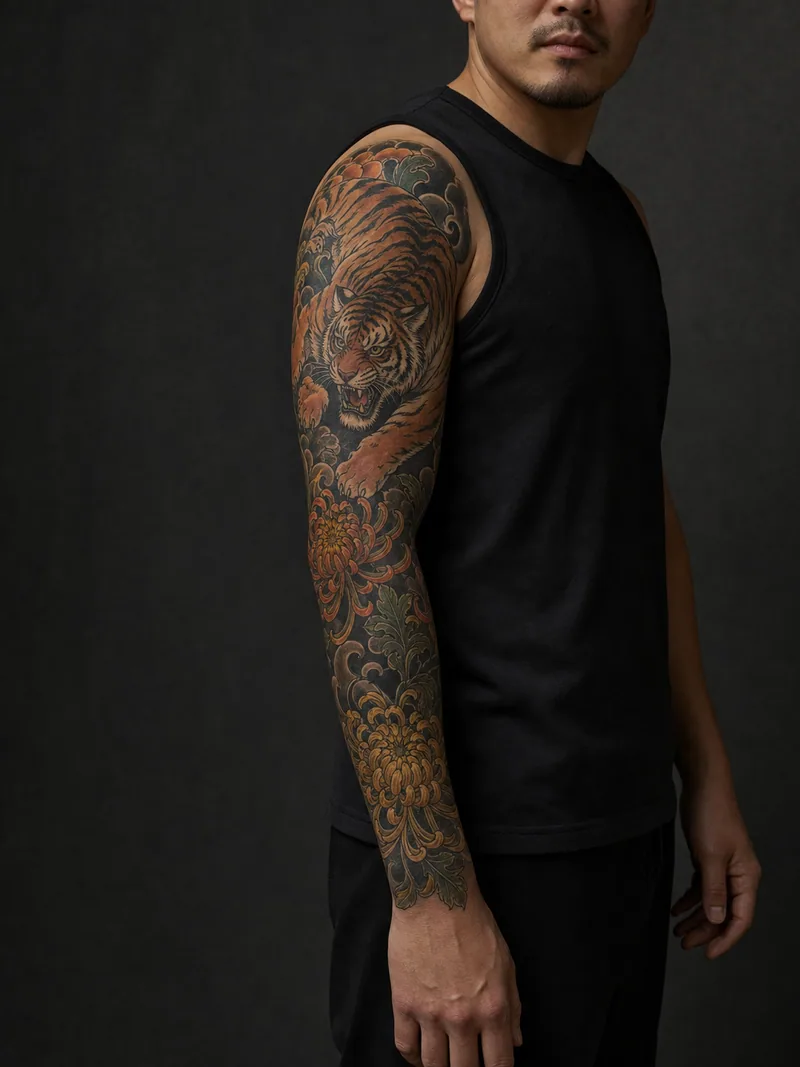 Tiger and chrysanthemum sleeve - A tiger and layered flowers create a saturated flowing color sleeve.