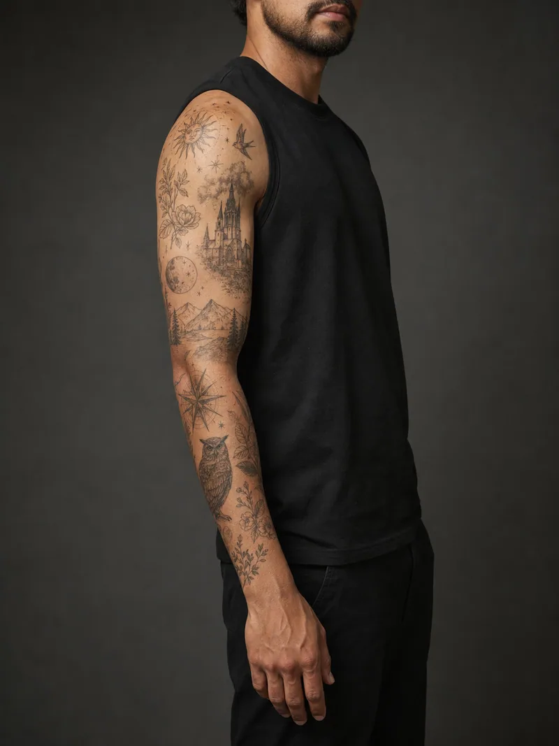 Fine-line patchwork sleeve - Small celestial, botanical and architectural studies stay light and separated.