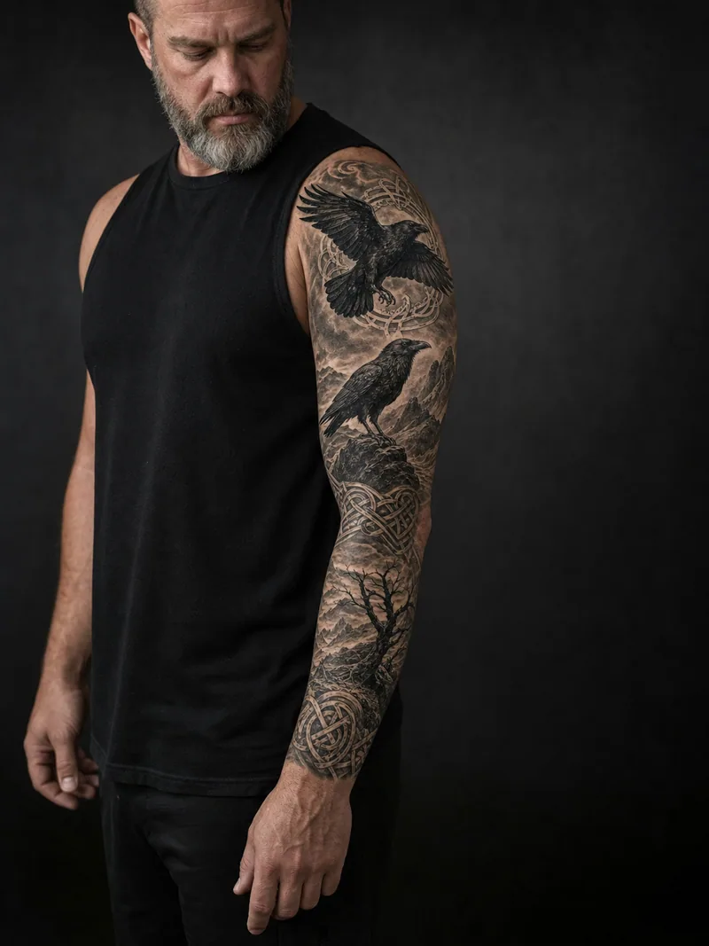 Raven knotwork sleeve tattoo - Ravens and woven knotwork move through a windswept landscape.