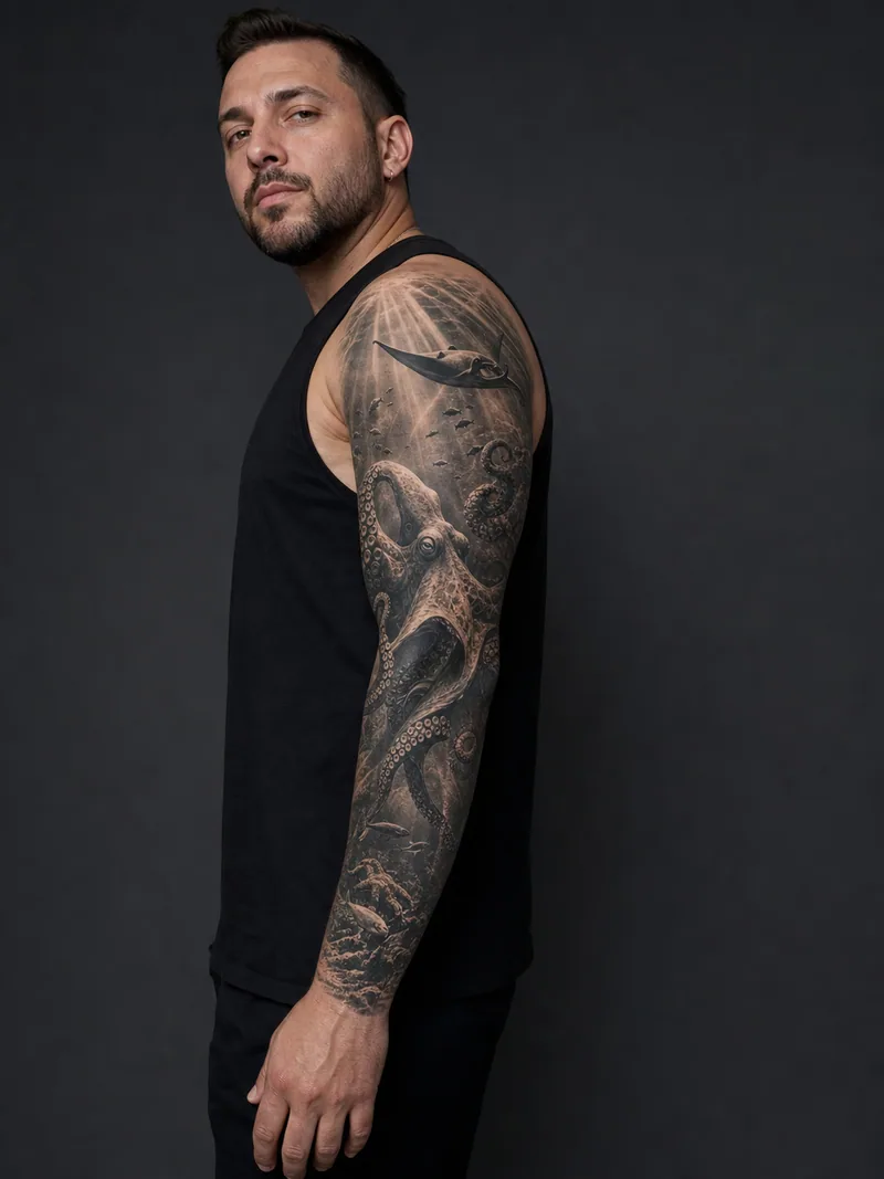 Octopus ocean sleeve tattoo - An octopus and small fish use deep-water currents to cross the elbow.