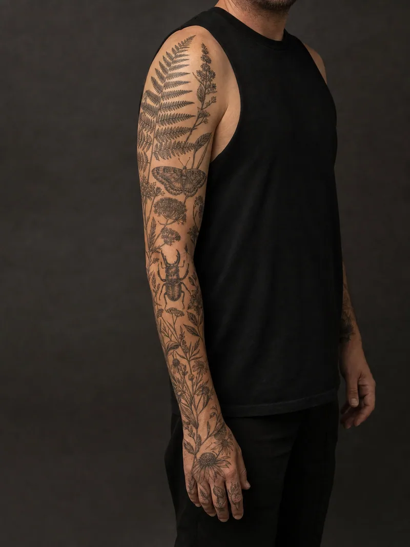 Natural history sleeve tattoo - Fern, moth, beetle and wildflowers form a scientific botanical study.