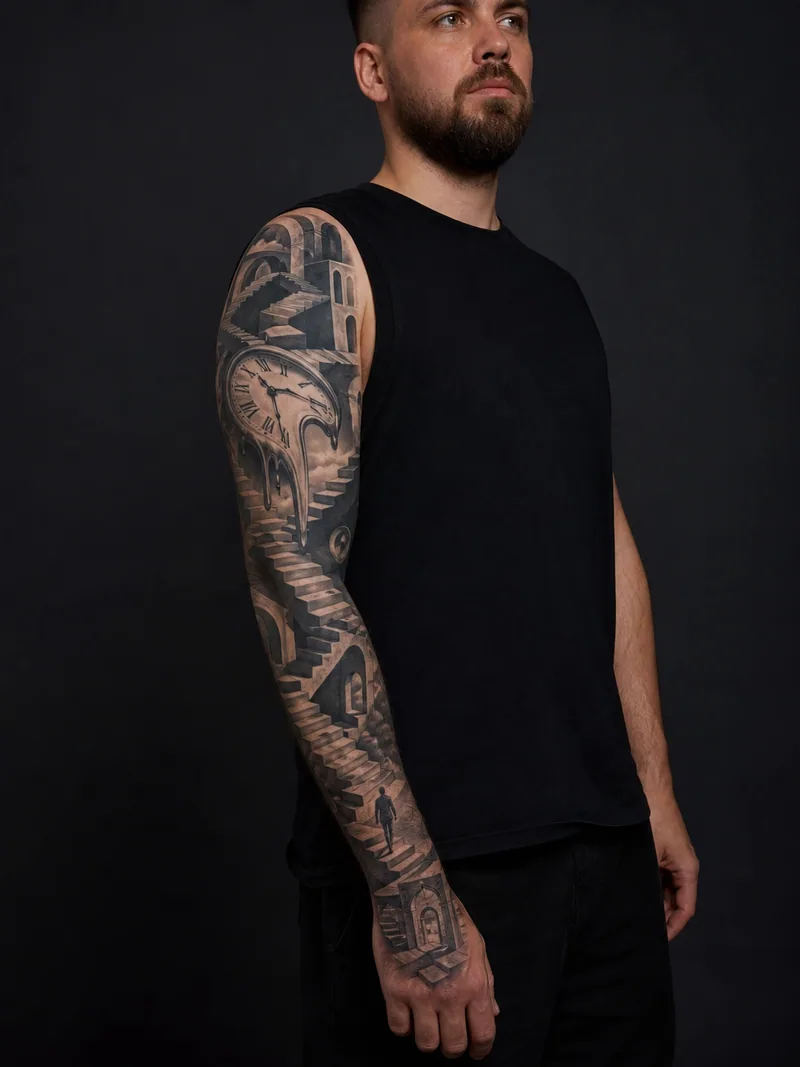 Surreal clock sleeve tattoo - Clock fragments and impossible staircases connect through soft shadows.