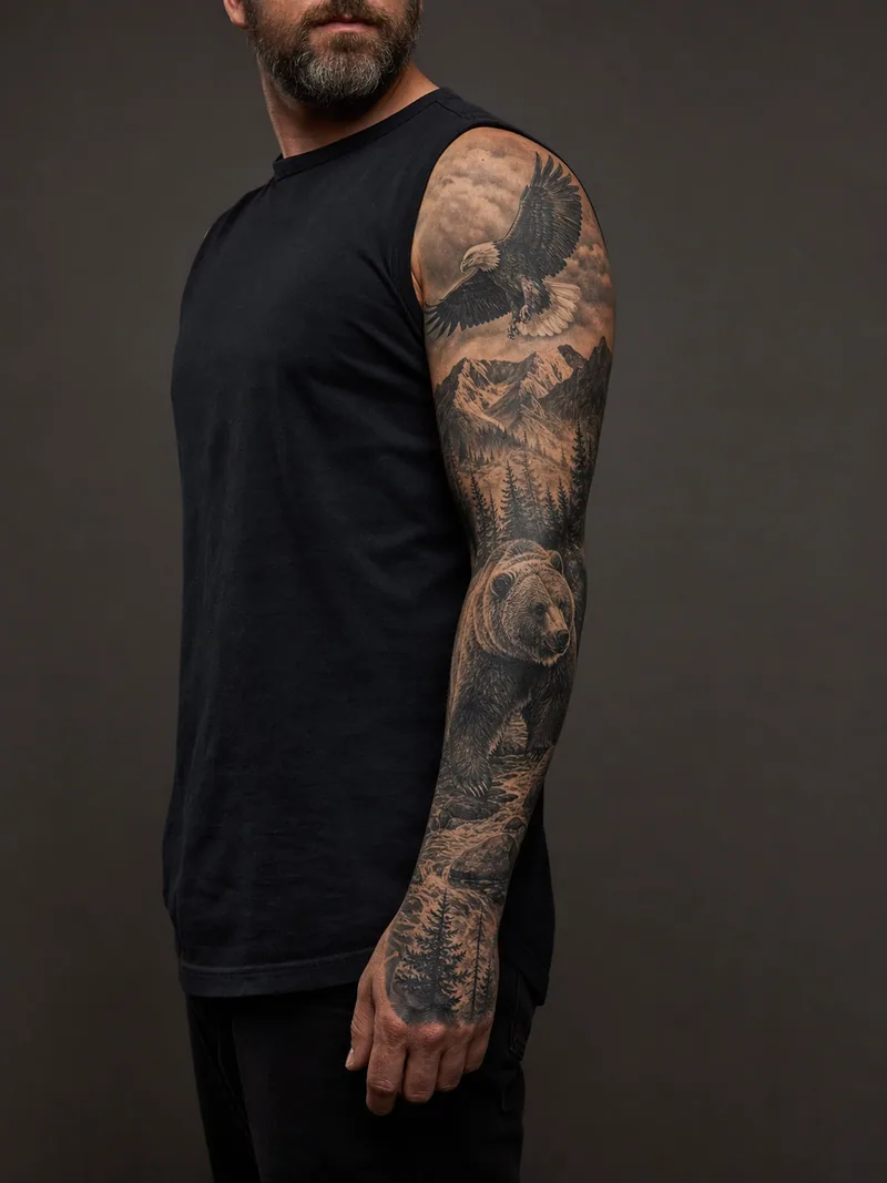Wildlife realism sleeve tattoo - Bear, eagle and mountain forest blend through atmospheric transitions.