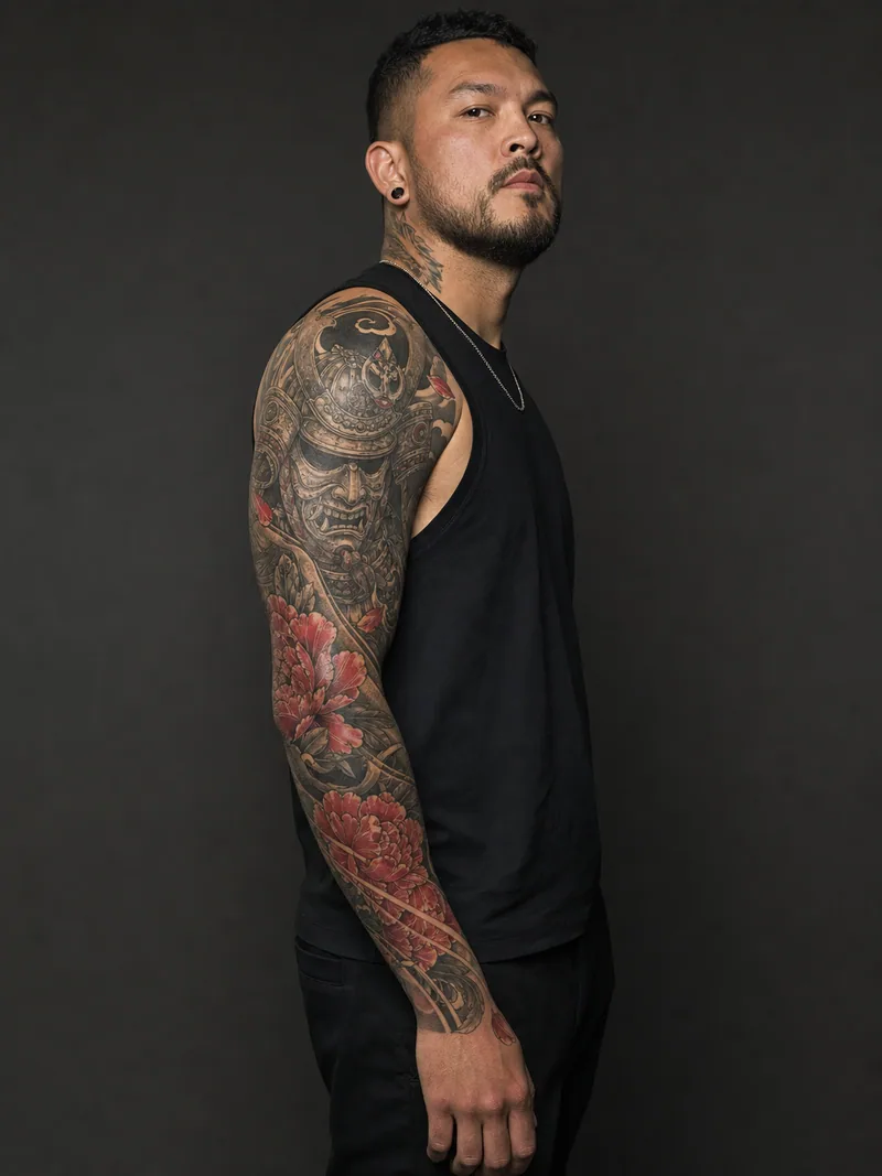 Samurai and peony sleeve tattoo - A samurai mask and peonies are linked by wind bars around the arm.