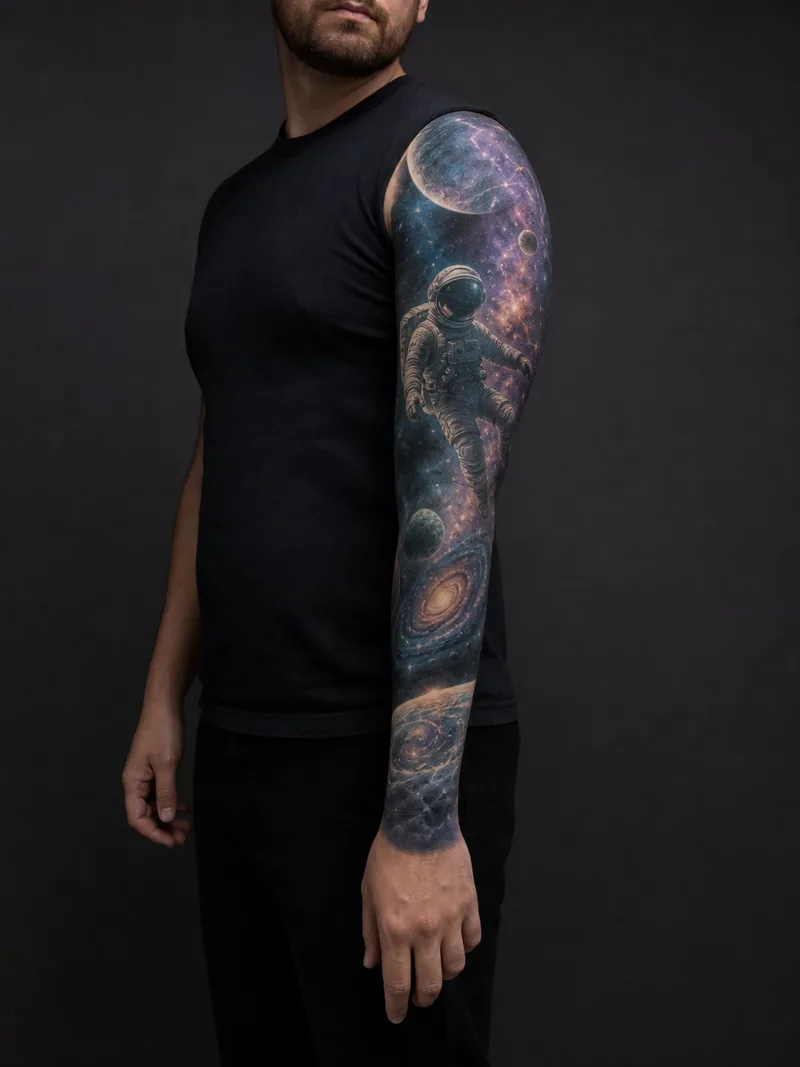 Astronaut space sleeve tattoo - An anonymous astronaut floats through a layered nebula and small planets.
