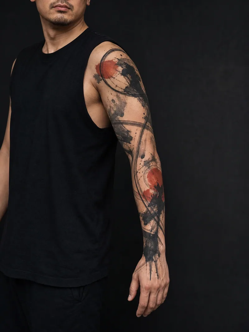 Abstract brush sleeve tattoo - Energetic black strokes cross rust circles while preserving open skin.