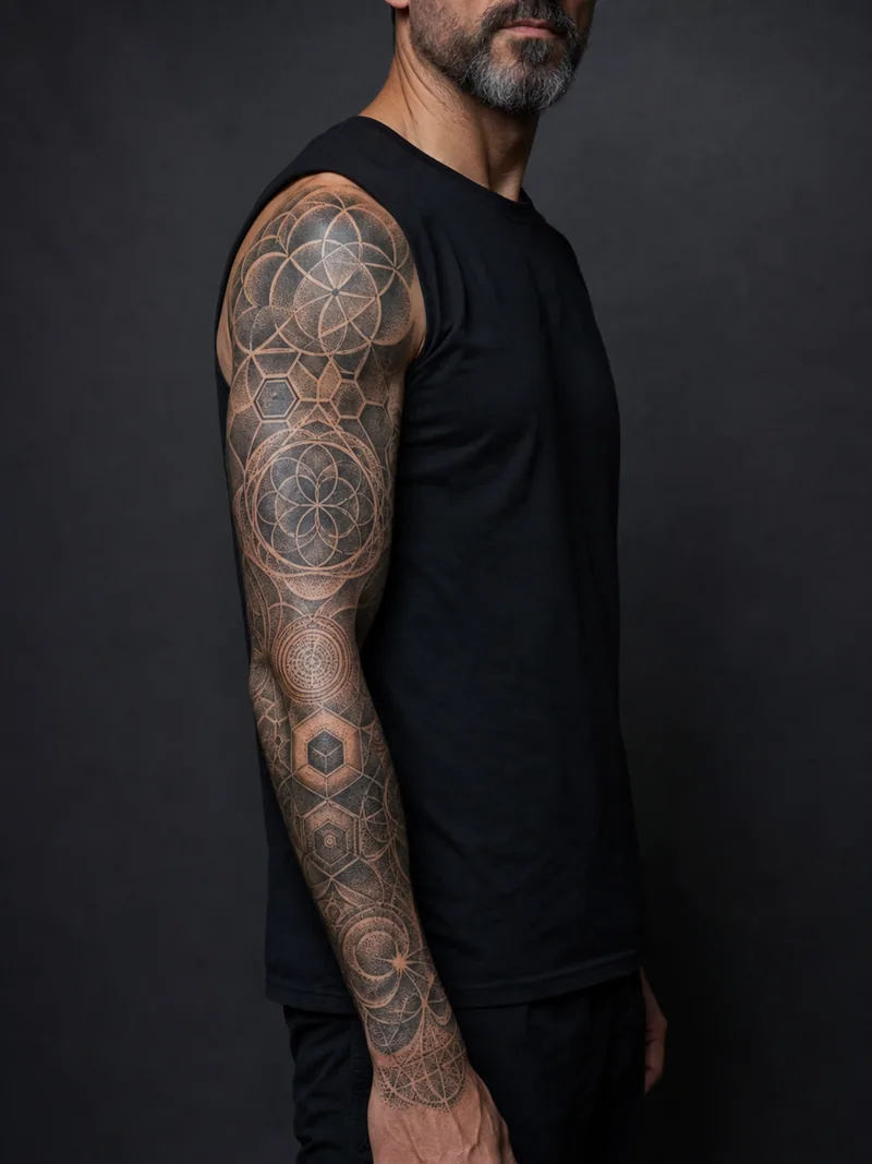 Geometric dotwork sleeve tattoo - Interlocking circles and hexagons change density from shoulder to wrist.