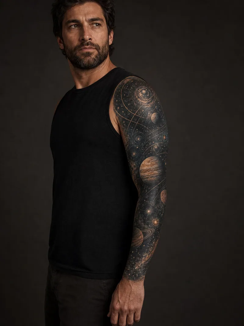 Planet sleeve tattoo - Planets and orbital arcs create a dark continuous space composition.