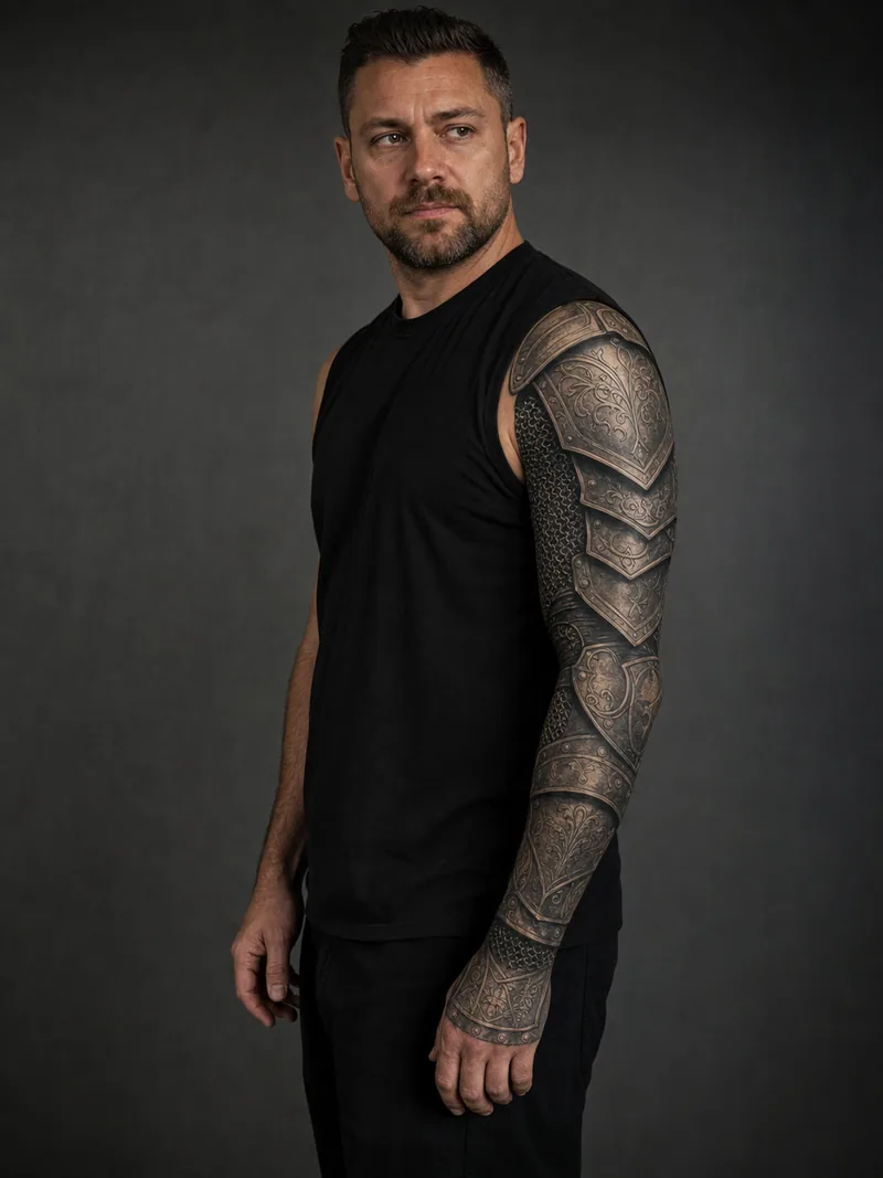 Medieval armor sleeve tattoo - Engraved plate sections follow the elbow and forearm like fitted armor.