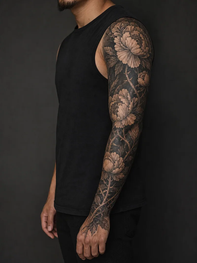 Floral blackwork sleeve tattoo - Large peonies and thorny stems create strong dark-to-open contrast.