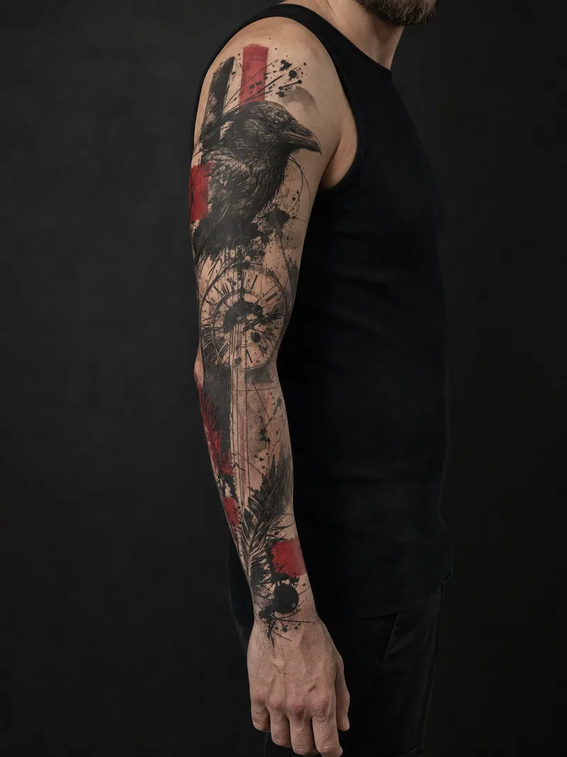 Raven trash polka sleeve - A raven and clock fragments cut through red blocks and black textures.