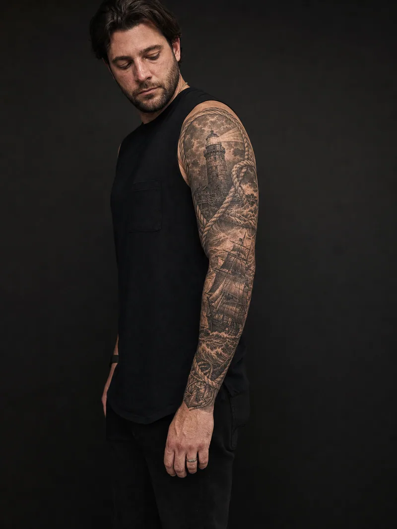Maritime sleeve tattoo - A lighthouse, clipper ship and storm waves connect through rope framing.