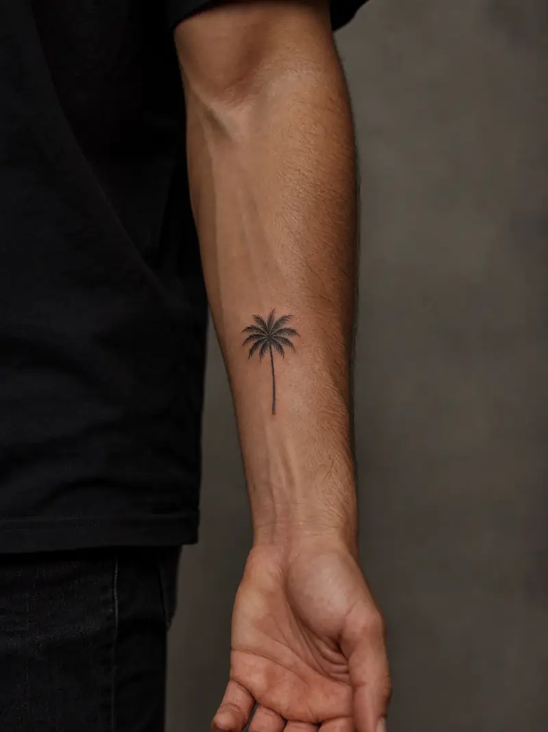 Small palm tree tattoo on a man's inner forearm