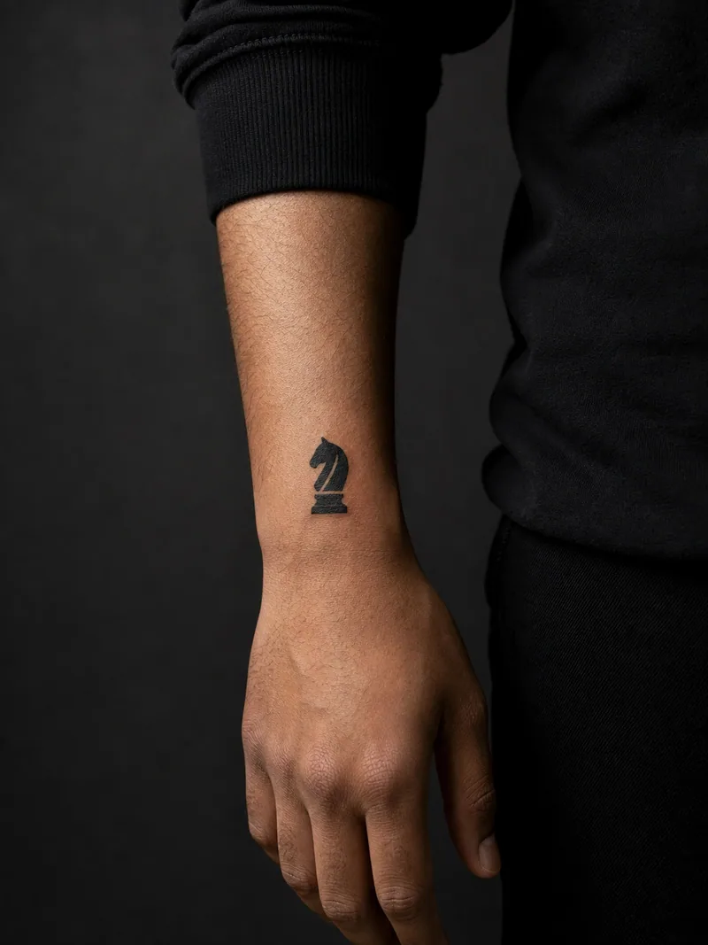 Chess knight tattoo - A compact knight silhouette uses one skin break to separate the mane.