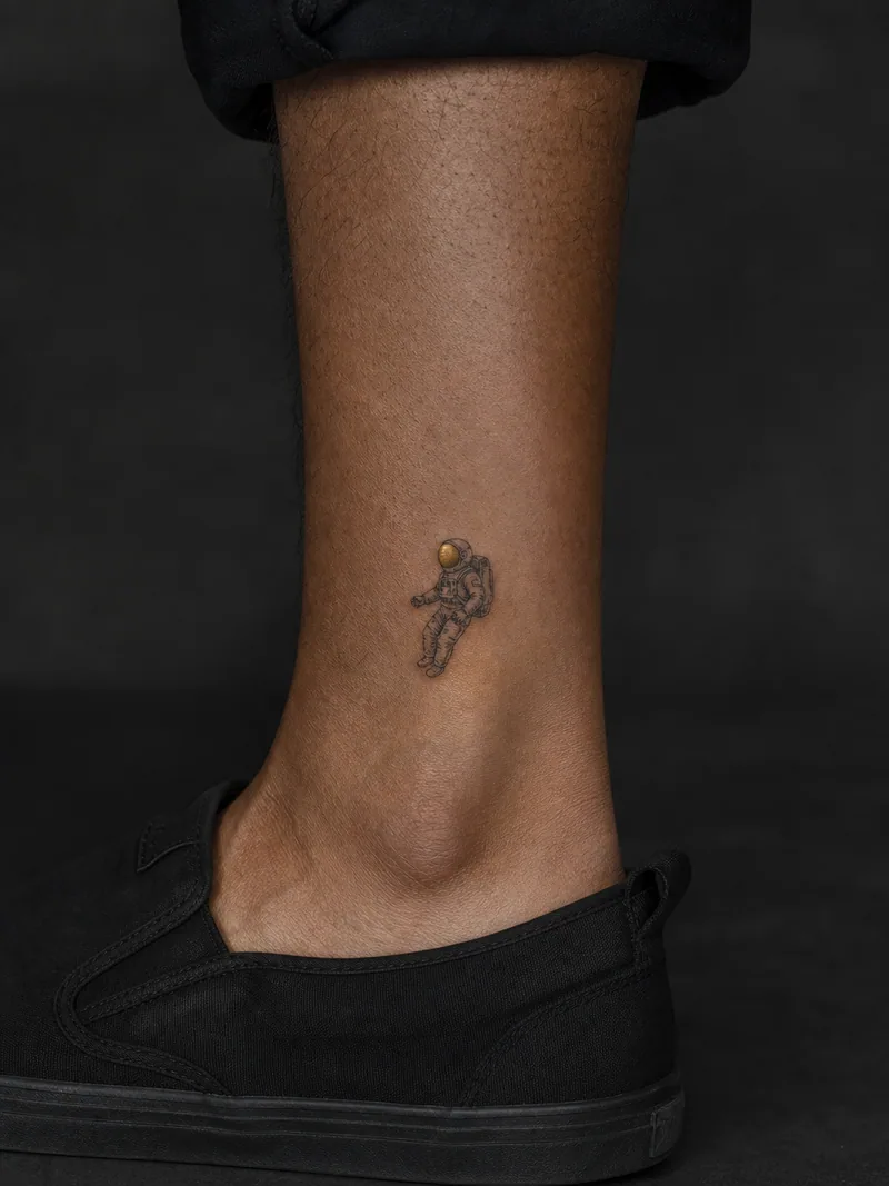 Tiny astronaut tattoo - A floating astronaut stays simple enough to read at ankle scale.