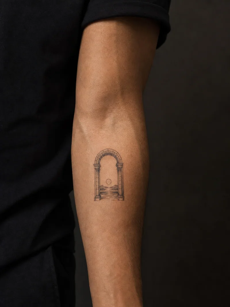 Roman arch tattoo - A miniature stone arch frames a distant sun without tiny lettering.