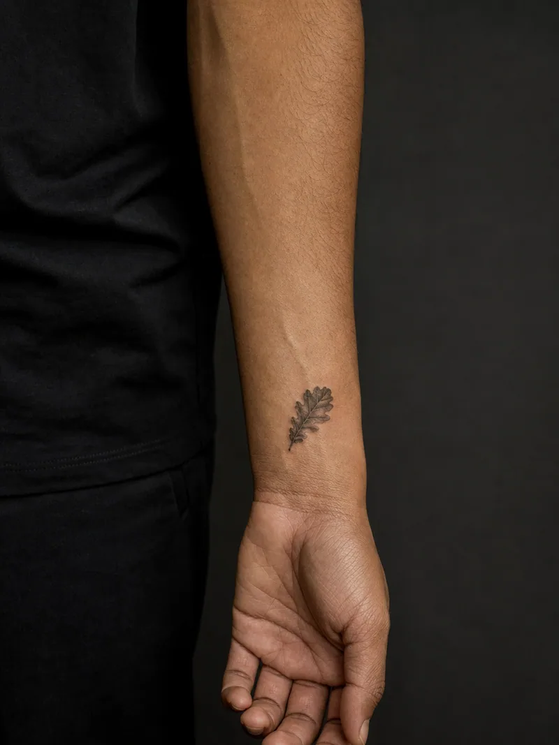 Oak leaf tattoo - A single oak leaf keeps natural veins and a clear tapered silhouette.