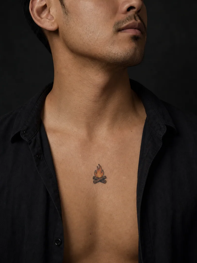 Tiny campfire tattoo - Three logs and one simple flame form a warm compact chest piece.