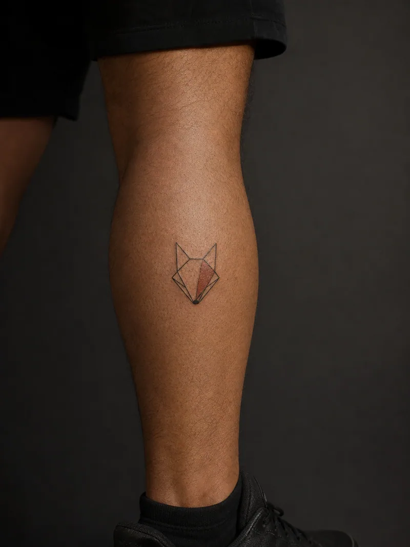 Origami fox tattoo - Angular folds build a fox face with one restrained rust-colored plane.