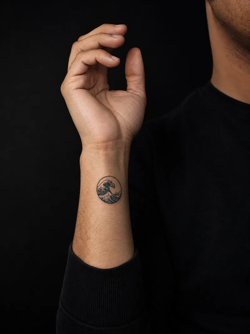 Circle wave tattoo - A cobalt wave turns inside a clean black ring without crowding the wrist.