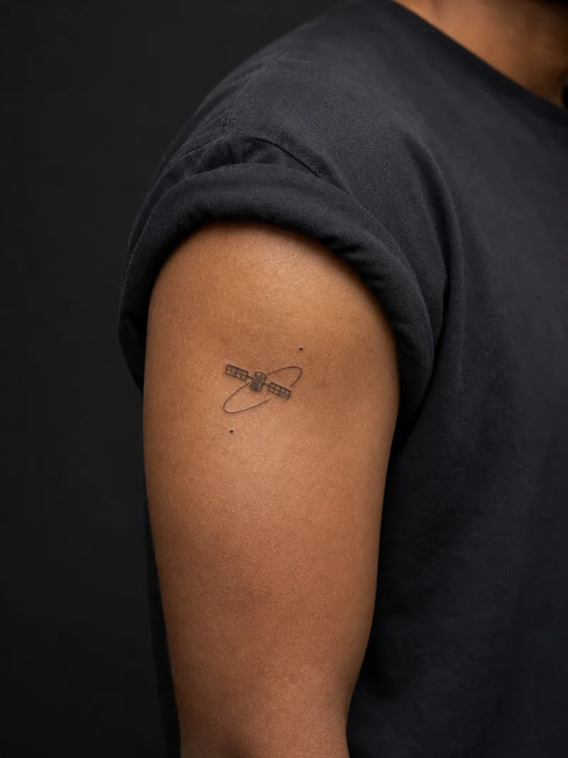 Satellite tattoo - A miniature satellite floats beside two stars in an open composition.