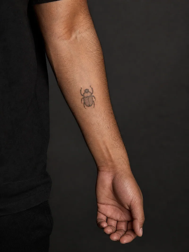 Scarab tattoo - An engraved scarab uses controlled hatching and a strong outer shape.