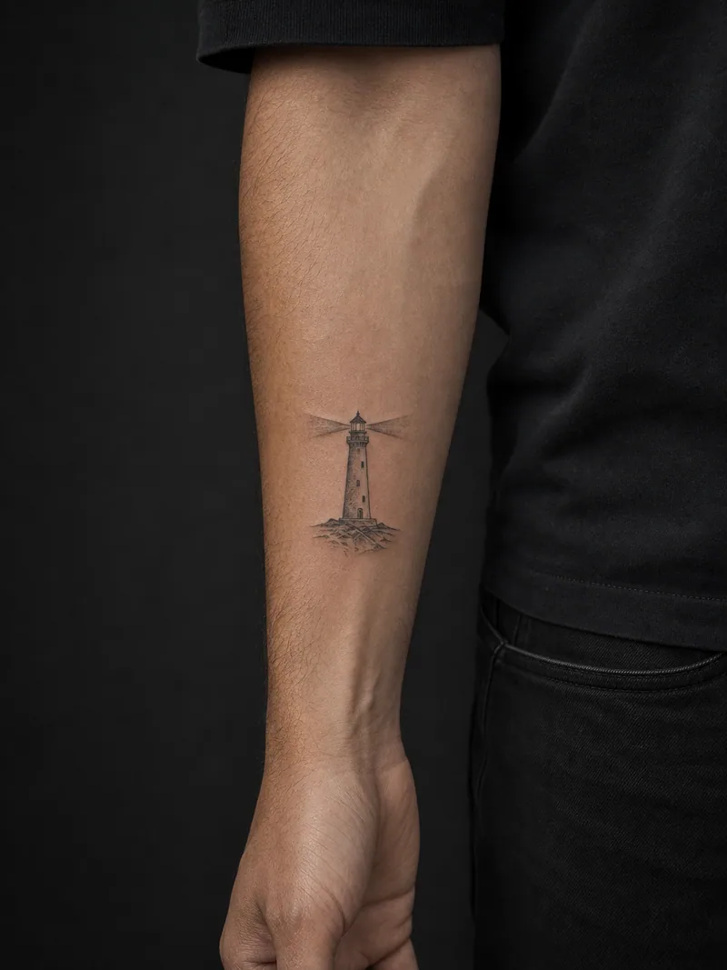 Lighthouse tattoo - A narrow lighthouse projects two simple beams with no lettering.