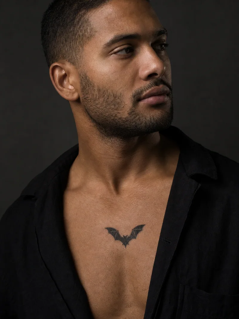 Black bat tattoo - A small flying bat uses narrow skin breaks to define both wings.