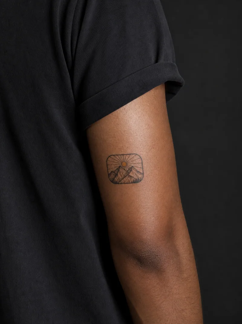 Mountain sunrise tattoo - A ridge and ochre sun sit inside a softly rounded rectangular frame.