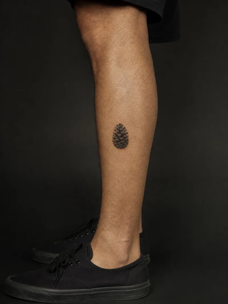 Pine cone tattoo - A realistic pine cone preserves layered scales in a compact oval shape.