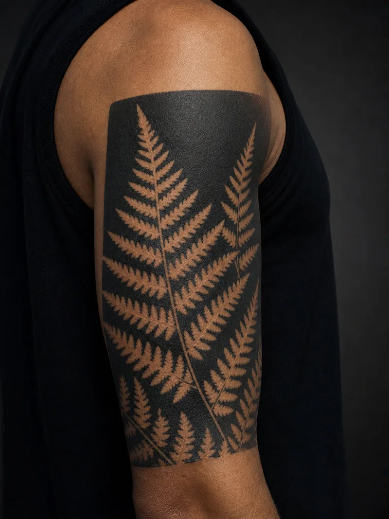 Negative-space fern tattoo - fern silhouettes revealed inside a solid wraparound black panel
