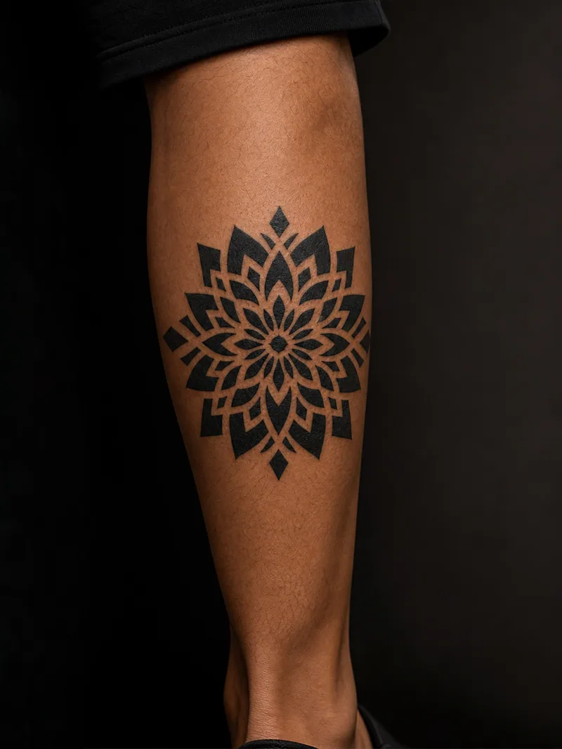 Blackwork mandala tattoo - heavy radial wedges divided by precise open channels