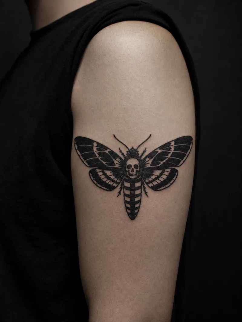 Blackwork moth tattoo - a symmetrical moth assembled from bold shapes and skin breaks