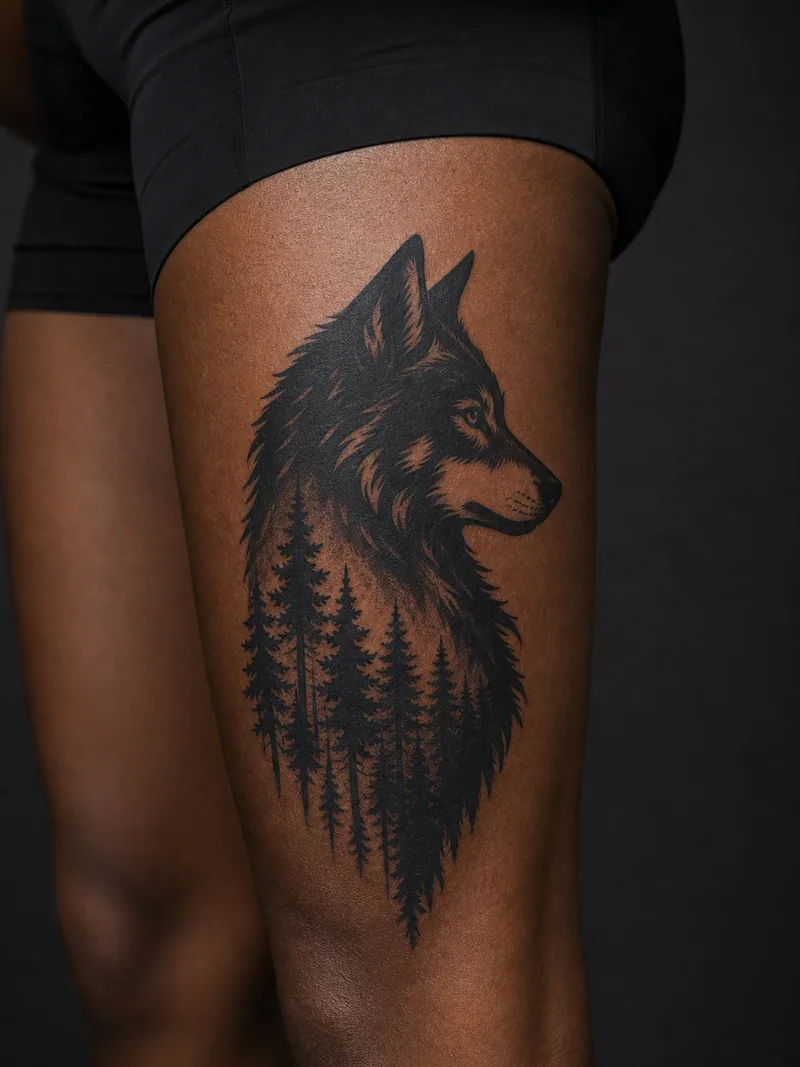 Wolf forest tattoo - a wolf profile merging into a dense pine forest silhouette