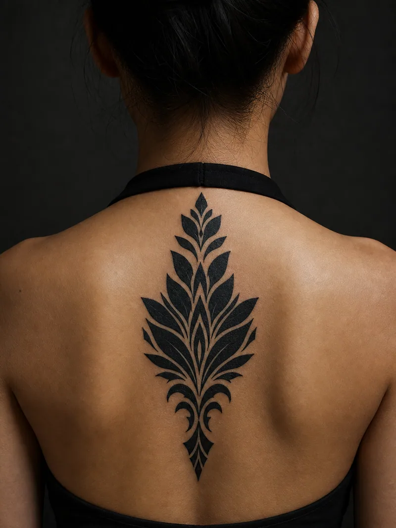 Ornamental neck tattoo - a symmetrical leaf-like ornament extending onto the upper spine