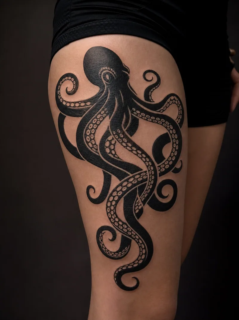Blackwork octopus tattoo - interlocking tentacles shaped by bold curves and open channels