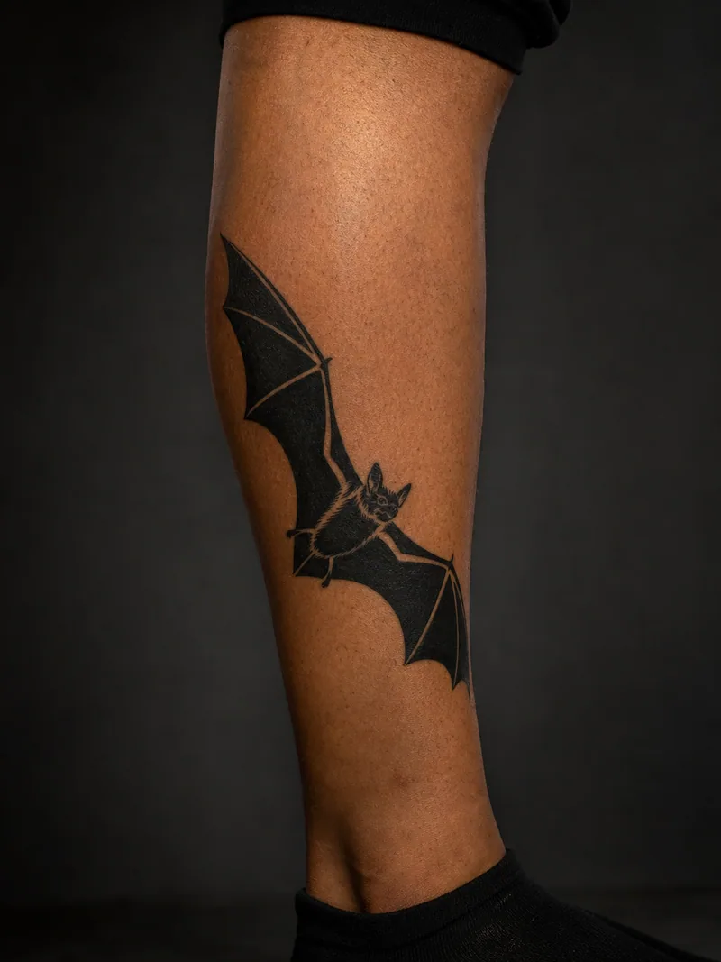 Blackwork bat tattoo - a flying bat whose wings form sharp solid planes