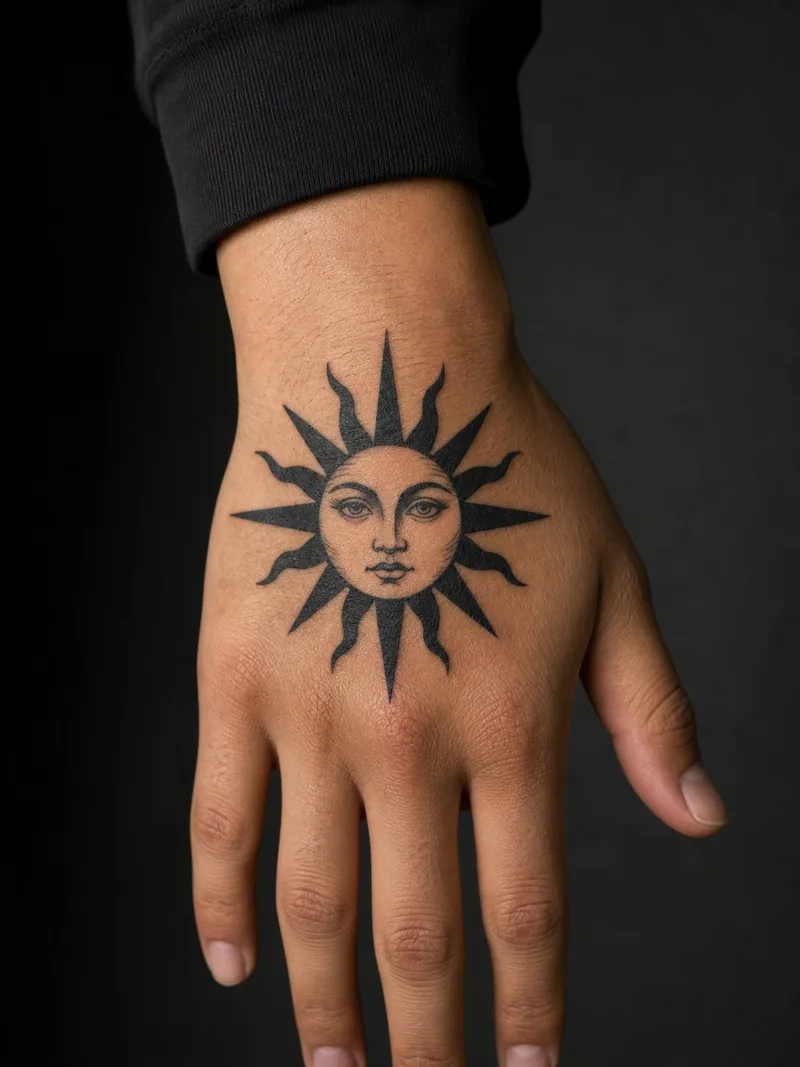 Blackwork sun tattoo - a stylized sun face with alternating solid and open rays