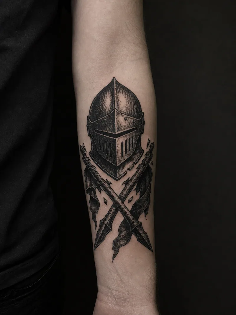 Medieval helmet tattoo - a shadowed medieval helmet above crossed broken lances